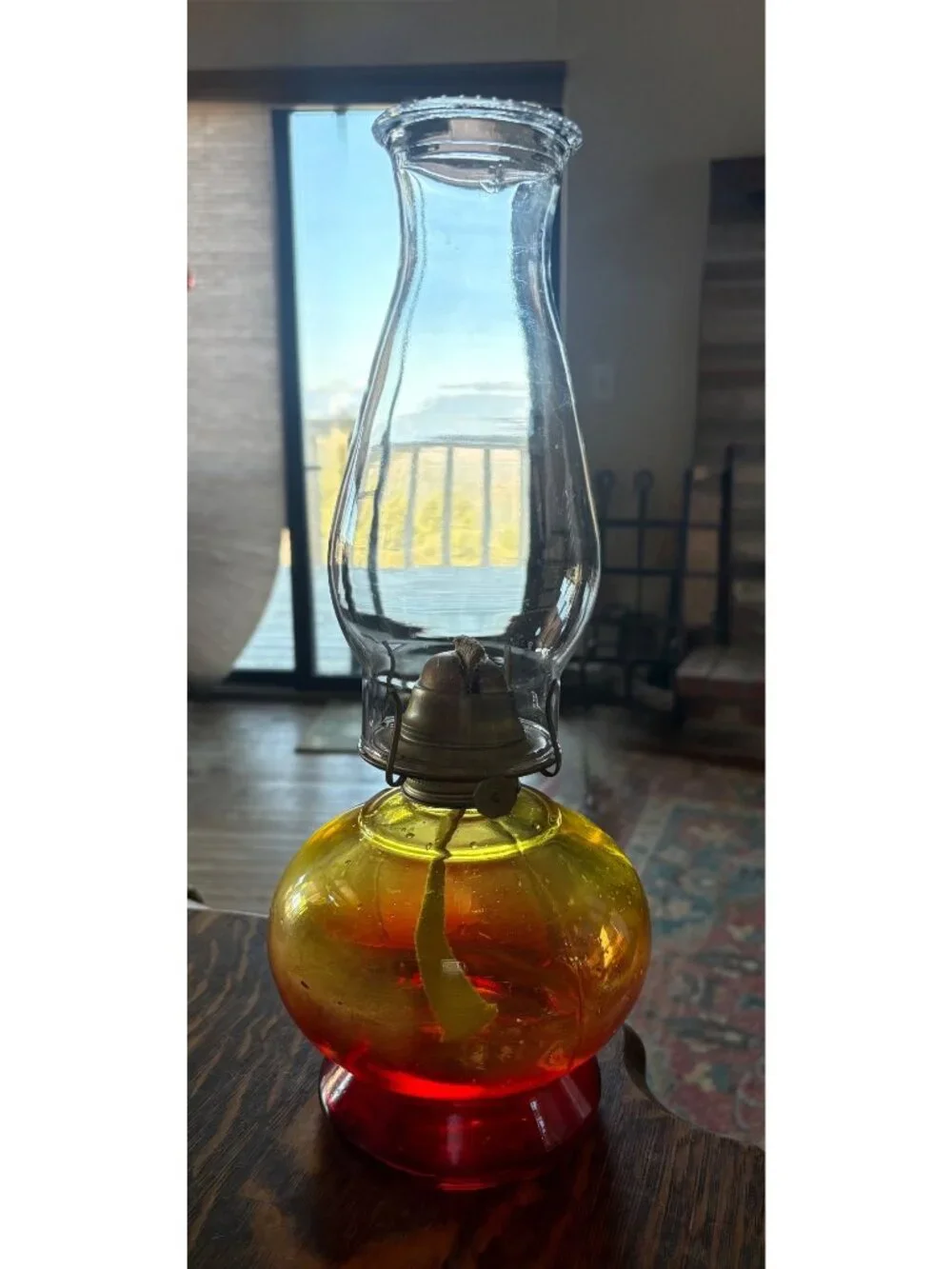 Eagle Risdon Amberina Glass Vintage Oil Lamp w/ Clear Chimney Yellow Red Ombre